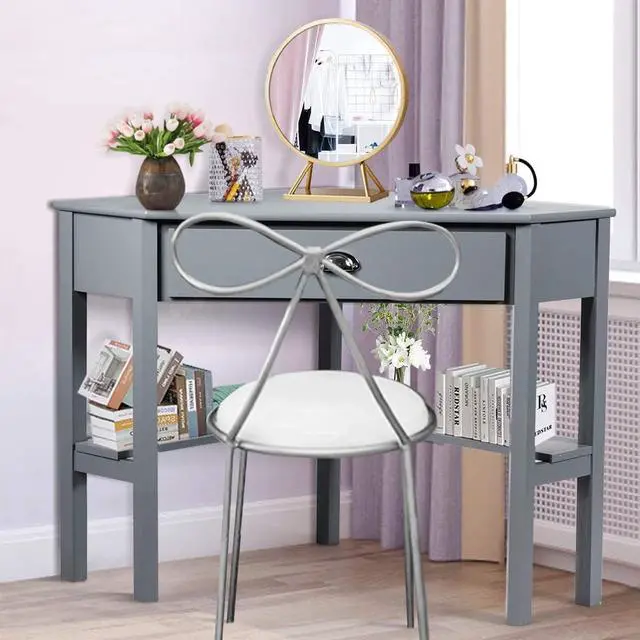 Alt view image 5 of 7 - Tangkula Corner Desk, Corner Computer Desk with Drawer for Small Space, Small Corner Makeup Vanity Desk, 90 Degrees Triangle Corner Desk with Storage Shelves (Grey)