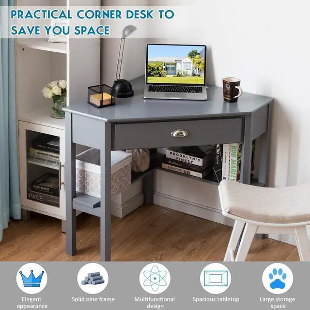 Alt view image 6 of 7 - Tangkula Corner Desk, Corner Computer Desk with Drawer for Small Space, Small Corner Makeup Vanity Desk, 90 Degrees Triangle Corner Desk with Storage Shelves (Grey)