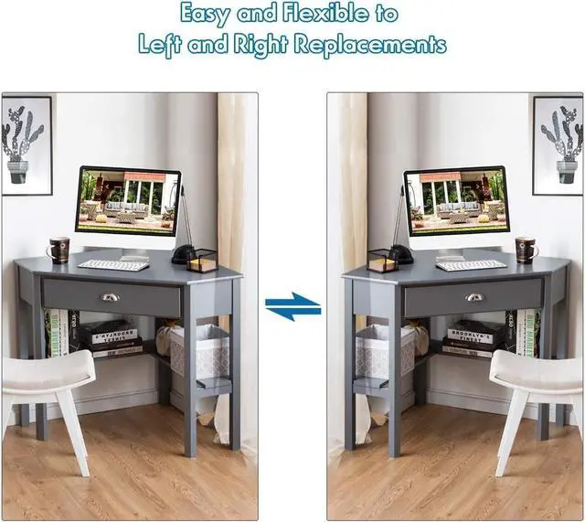 Alt view image 7 of 7 - Tangkula Corner Desk, Corner Computer Desk with Drawer for Small Space, Small Corner Makeup Vanity Desk, 90 Degrees Triangle Corner Desk with Storage Shelves (Grey)