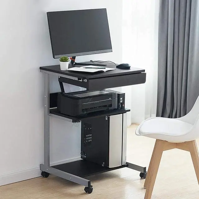 Alt view image 2 of 7 - Yaheetech Mobile Computer Desk Cart, Small Rolling Laptop Desk PC Table Workstation with Drawer and Printer Shelf, Writing Desk Table for Small Space/Home Office