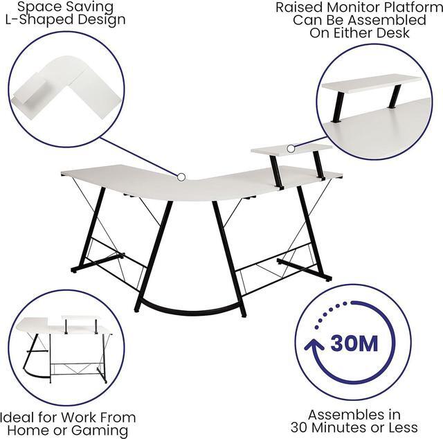 Alt view image 4 of 7 - Flash Furniture Ginny Corner Desk - White/Black Space Saving L-Shaped Gaming Desk with Monitor Shelf - 71.5" 2-Tier Computer Desk, Home Office Desk, Easy Assembly