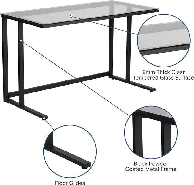Alt view image 4 of 7 - Flash Furniture Singleton Glass Desk with Black Pedestal Metal Frame