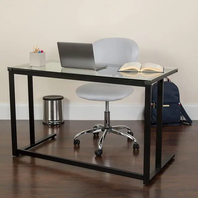 Alt view image 7 of 7 - Flash Furniture Singleton Glass Desk with Black Pedestal Metal Frame
