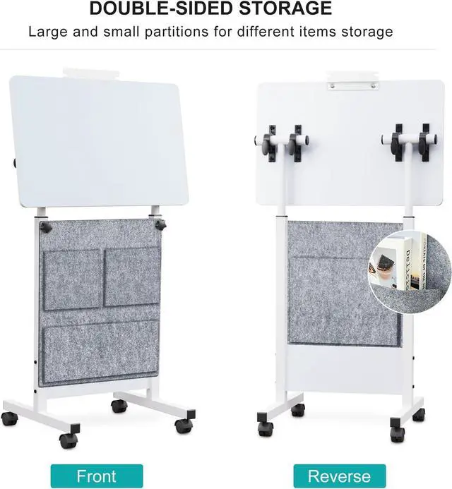 Alt view image 7 of 7 - KOUPA Adjustable Height Standing Desk, Writable Tempered Glass Desktop with Eraser, 360° Flip, Wheels and Bag Ideal for Small Spaces and Home Offices, 24 in, White(Adjustable Height: 32-47 in)