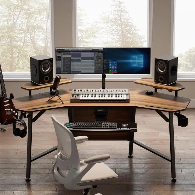 Alt view image 2 of 7 - EUREKA ERGONOMIC 72" Computer Desk W Keyboard Tray, Wing-Shaped Music Studio Desk, Large Gaming Desk W LED Convertible Monitor Stand Dual Headphone Hanger for Recording Live Streamer, Walnut Wood