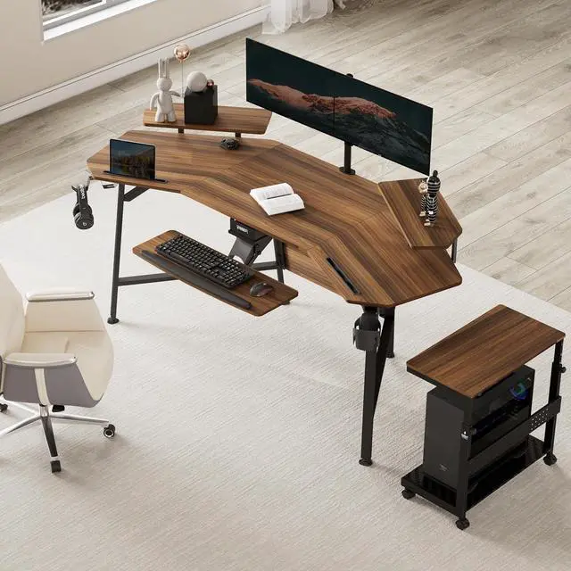 Alt view image 4 of 7 - EUREKA ERGONOMIC 72" Computer Desk W Keyboard Tray, Wing-Shaped Music Studio Desk, Large Gaming Desk W LED Convertible Monitor Stand Dual Headphone Hanger for Recording Live Streamer, Walnut Wood