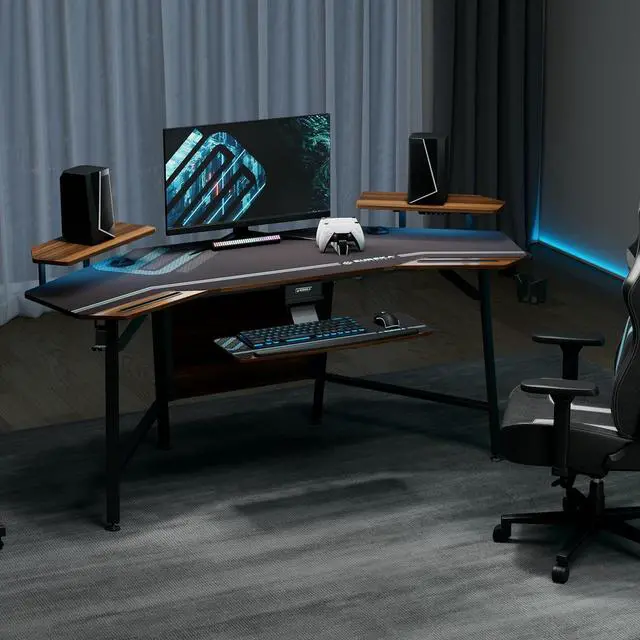 Alt view image 5 of 7 - EUREKA ERGONOMIC 72" Computer Desk W Keyboard Tray, Wing-Shaped Music Studio Desk, Large Gaming Desk W LED Convertible Monitor Stand Dual Headphone Hanger for Recording Live Streamer, Walnut Wood