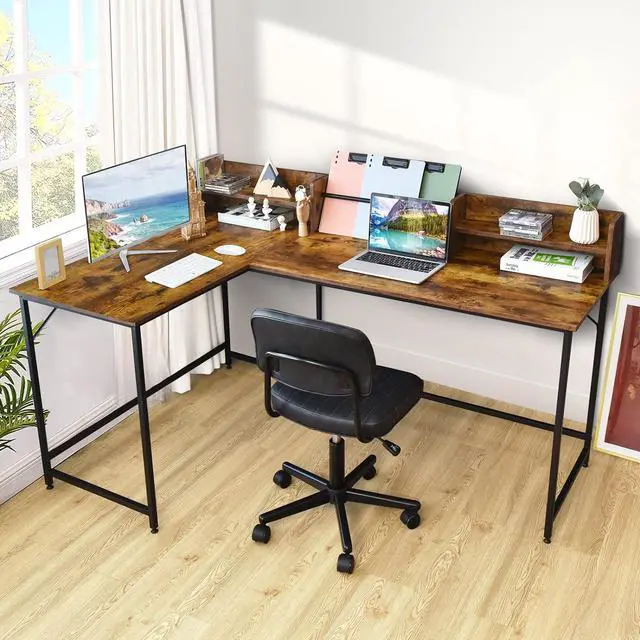 Alt view image 3 of 7 - Tangkula 66.5 Inches L-Shaped Desk, Space Saving Corner Computer Desk with Hutch, Study Writing Desk with Storage Shelves Heavy Duty Steel Frame, Gaming Desk Computer Workstation for Home & Office