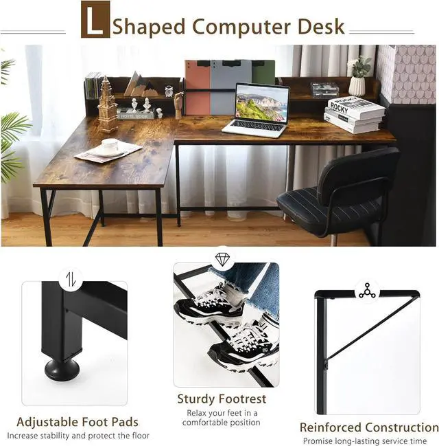 Alt view image 6 of 7 - Tangkula 66.5 Inches L-Shaped Desk, Space Saving Corner Computer Desk with Hutch, Study Writing Desk with Storage Shelves Heavy Duty Steel Frame, Gaming Desk Computer Workstation for Home & Office