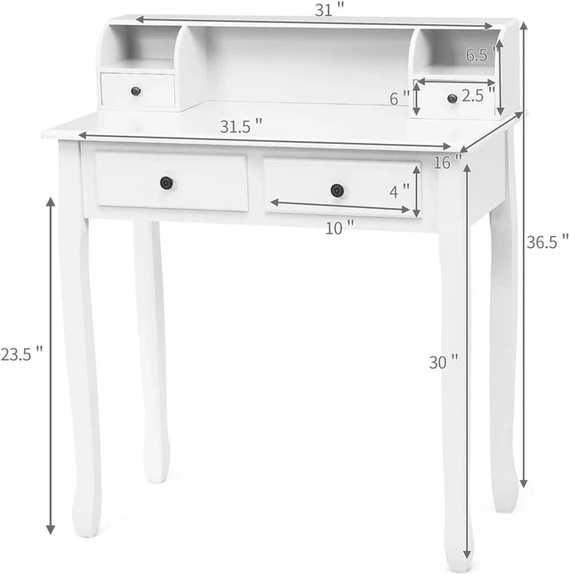 Alt view image 3 of 7 - Byroce Small Writing Desk with Removable Hutch, 2-Tier Vanity Table with 4 Drawers, 3 Cubbies & Pine Wood Legs, Study Computer Desk for Bedroom Home Office (White)