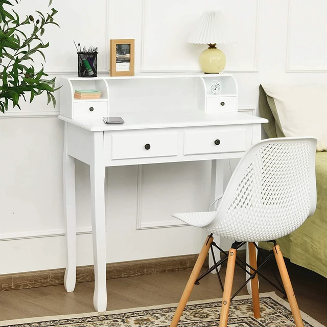 Alt view image 2 of 7 - Byroce Small Writing Desk with Removable Hutch, 2-Tier Vanity Table with 4 Drawers, 3 Cubbies & Pine Wood Legs, Study Computer Desk for Bedroom Home Office (White)