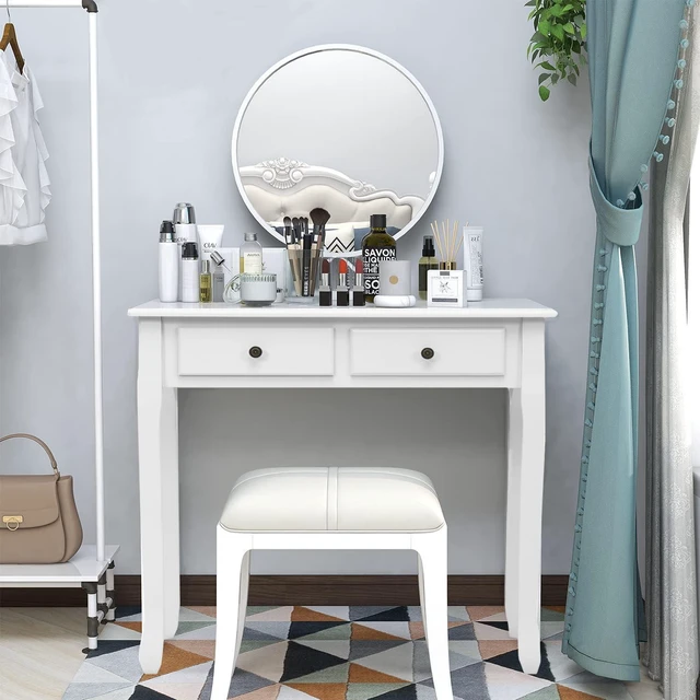 Alt view image 4 of 7 - Byroce Small Writing Desk with Removable Hutch, 2-Tier Vanity Table with 4 Drawers, 3 Cubbies & Pine Wood Legs, Study Computer Desk for Bedroom Home Office (White)