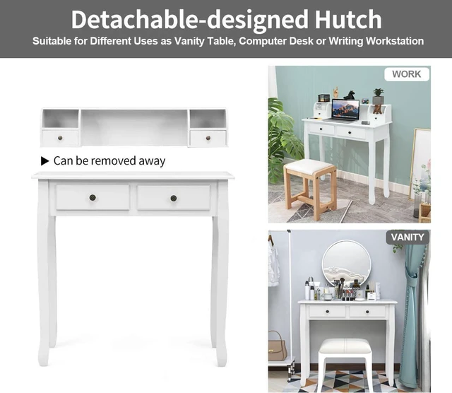 Alt view image 6 of 7 - Byroce Small Writing Desk with Removable Hutch, 2-Tier Vanity Table with 4 Drawers, 3 Cubbies & Pine Wood Legs, Study Computer Desk for Bedroom Home Office (White)