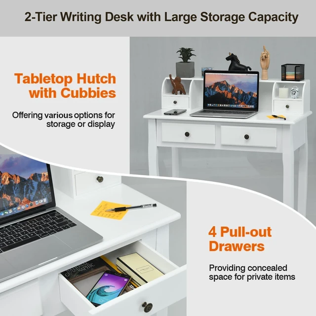 Alt view image 5 of 7 - Byroce Small Writing Desk with Removable Hutch, 2-Tier Vanity Table with 4 Drawers, 3 Cubbies & Pine Wood Legs, Study Computer Desk for Bedroom Home Office (White)