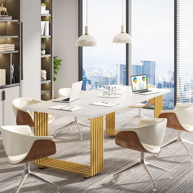 Alt view image 2 of 7 - LITTLE TREE 70.9 in Executive Desk, White Computer Desk with Gold Metal Legs