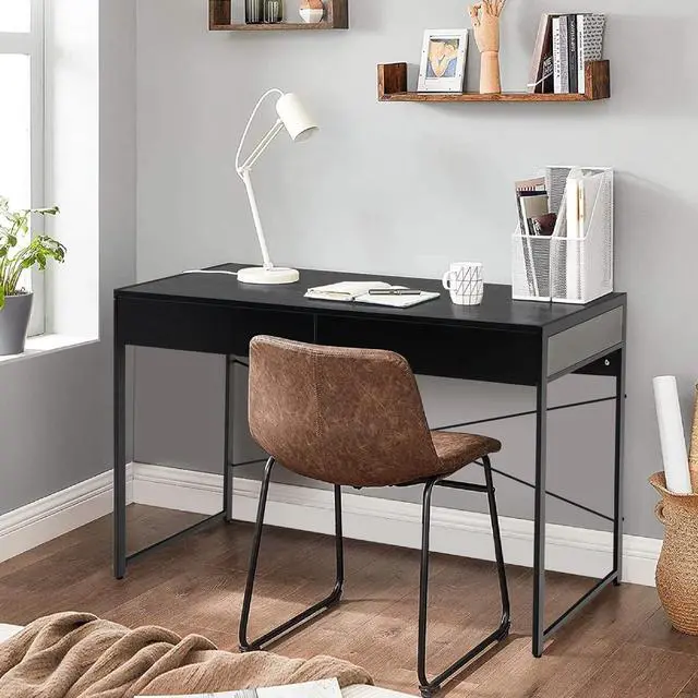 Alt view image 4 of 7 - GOFLAME 44 inch Computer Desk with 2 Storage Drawers, Home Office Desk with Steel Frame, Simple Study Writing Workstation, Makeup Vanity Console Table for Living Room, Bedroom & Study (Black)