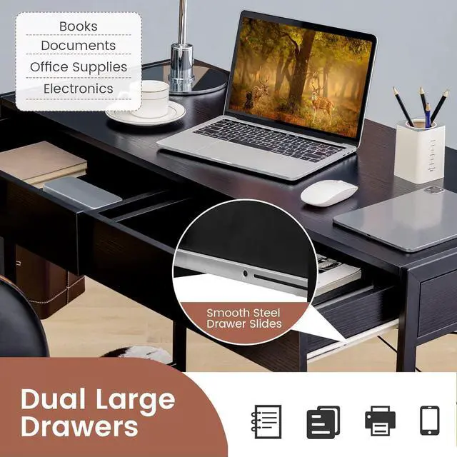 Alt view image 6 of 7 - GOFLAME 44 inch Computer Desk with 2 Storage Drawers, Home Office Desk with Steel Frame, Simple Study Writing Workstation, Makeup Vanity Console Table for Living Room, Bedroom & Study (Black)