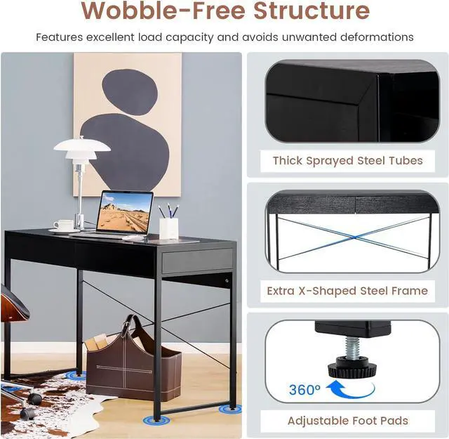 Alt view image 7 of 7 - GOFLAME 44 inch Computer Desk with 2 Storage Drawers, Home Office Desk with Steel Frame, Simple Study Writing Workstation, Makeup Vanity Console Table for Living Room, Bedroom & Study (Black)