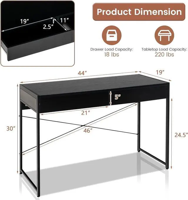 Alt view image 3 of 7 - GOFLAME 44 inch Computer Desk with 2 Storage Drawers, Home Office Desk with Steel Frame, Simple Study Writing Workstation, Makeup Vanity Console Table for Living Room, Bedroom & Study (Black)