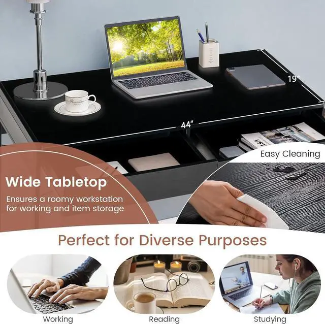 Alt view image 5 of 7 - GOFLAME 44 inch Computer Desk with 2 Storage Drawers, Home Office Desk with Steel Frame, Simple Study Writing Workstation, Makeup Vanity Console Table for Living Room, Bedroom & Study (Black)
