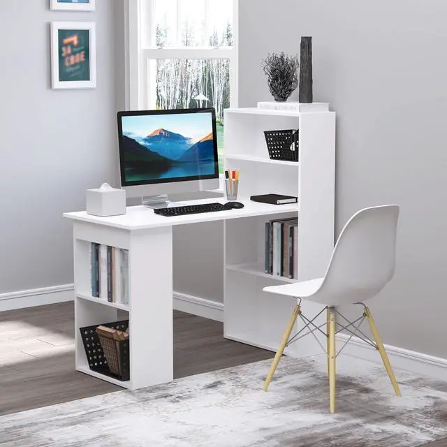Alt view image 2 of 7 - HOMCOM Modern Home Office Desk with 6-Tier Storage Shelves, 47" Writing Table with Bookshelf, White