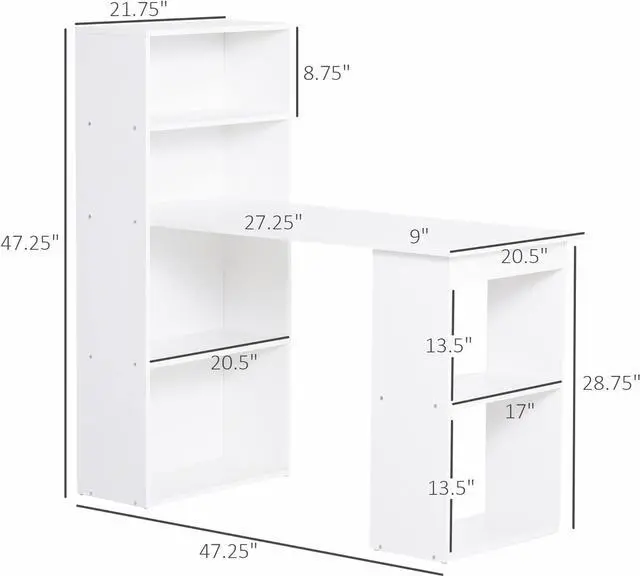 Alt view image 3 of 7 - HOMCOM Modern Home Office Desk with 6-Tier Storage Shelves, 47" Writing Table with Bookshelf, White