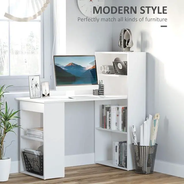 Alt view image 4 of 7 - HOMCOM Modern Home Office Desk with 6-Tier Storage Shelves, 47" Writing Table with Bookshelf, White