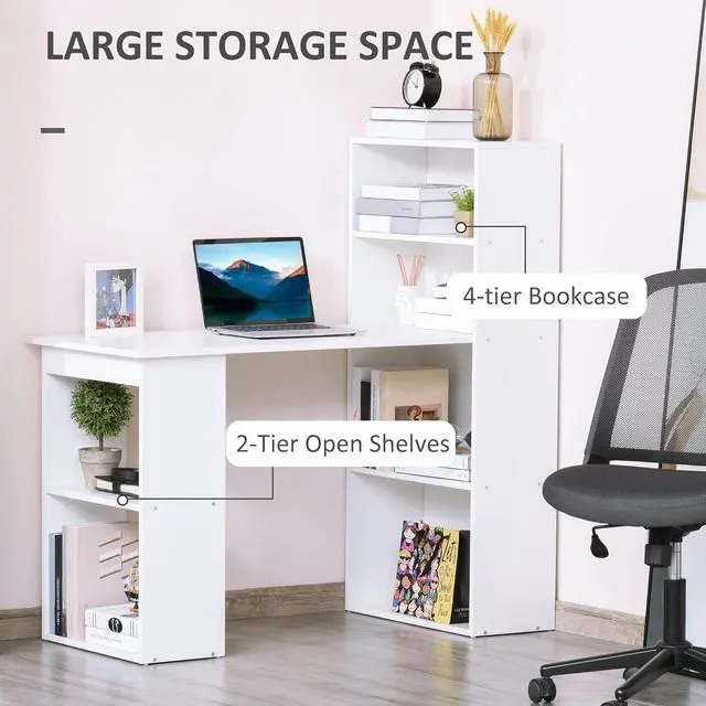 Alt view image 5 of 7 - HOMCOM Modern Home Office Desk with 6-Tier Storage Shelves, 47" Writing Table with Bookshelf, White