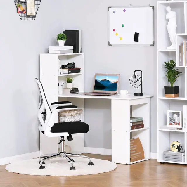 Alt view image 7 of 7 - HOMCOM Modern Home Office Desk with 6-Tier Storage Shelves, 47" Writing Table with Bookshelf, White
