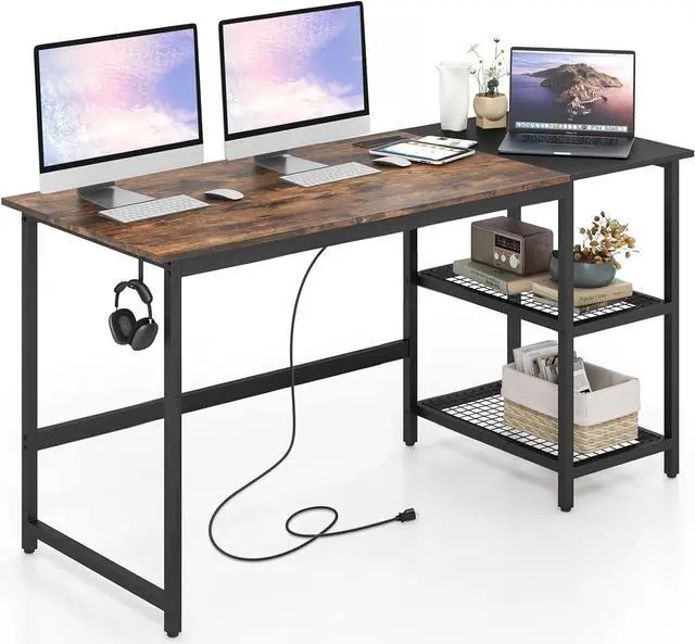 Main image of Tangkula 59 Inch Computer Desk with Charging Station, Home Office Desk with Hook & 2 Tier Storage Shelves, Industrial Modern PC Laptop Desk Computer Workstation Writing Study Desk with Metal Frame