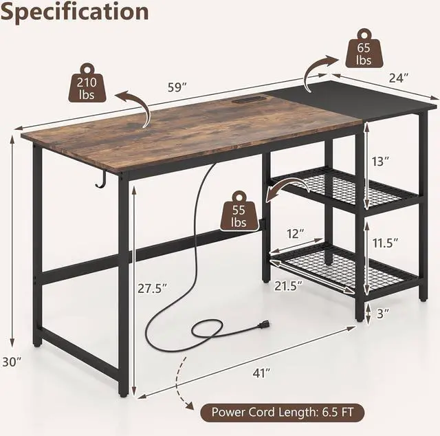 Alt view image 3 of 7 - Tangkula 59 Inch Computer Desk with Charging Station, Home Office Desk with Hook & 2 Tier Storage Shelves, Industrial Modern PC Laptop Desk Computer Workstation Writing Study Desk with Metal Frame