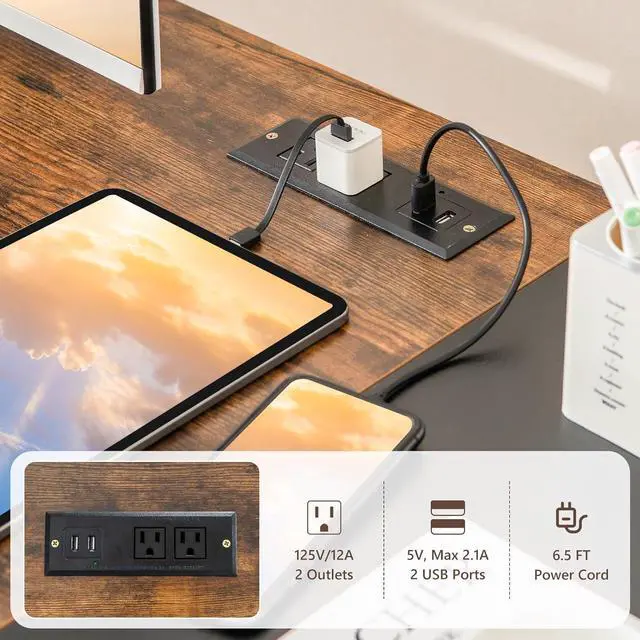 Alt view image 6 of 7 - Tangkula 59 Inch Computer Desk with Charging Station, Home Office Desk with Hook & 2 Tier Storage Shelves, Industrial Modern PC Laptop Desk Computer Workstation Writing Study Desk with Metal Frame