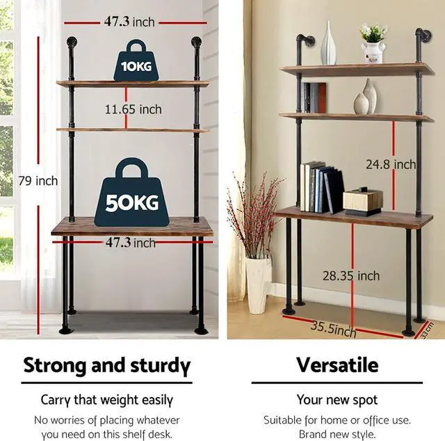 Alt view image 3 of 6 - LOKKHAN 79-inch Industrial Laptop Desk Solid Wood Computer Desk Wall Pipe Desk with Shelves Computer Table for Home Office (L:47.3-inch)