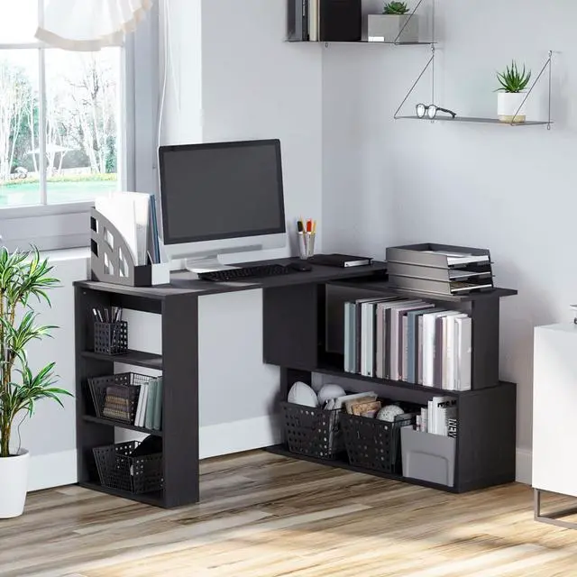 Alt view image 2 of 7 - HOMCOM L Shaped Corner Desk, 360 Degree Rotating Home Office Desk with Storage Shelves, Writing Table Workstation, Black