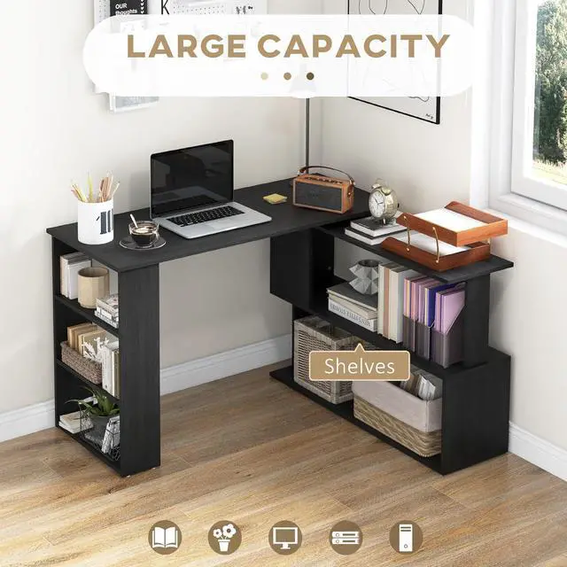 Alt view image 4 of 7 - HOMCOM L Shaped Corner Desk, 360 Degree Rotating Home Office Desk with Storage Shelves, Writing Table Workstation, Black