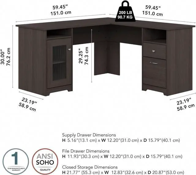 Alt view image 3 of 7 - Bush Furniture Cabot L Shaped Computer Desk in Heather Gray Corner Table with Drawers for Home Office