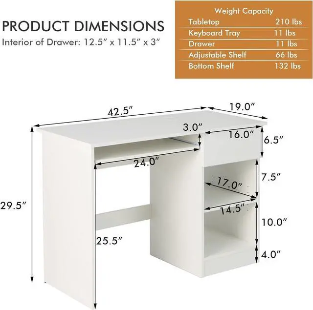 Alt view image 3 of 7 - Tangkula White Desk with Drawer, Wooden Computer Desk with Pull-Out Keyboard Tray & Adjustable Storage Shelves, Modern Laptop PC Desk with CPU Stand, Writing Study Desk for Bedroom (White)