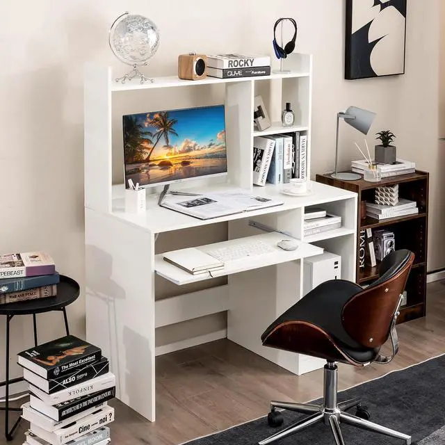 Alt view image 2 of 7 - IFANNY White Computer Desk with Hutch, Wood PC Desk w/Power Outlet, Keyboard Tray and CPU Stand, Modern Writing Desk with Bookshelf, Student Desk for Bedroom, Simple Work Desk for Home Office