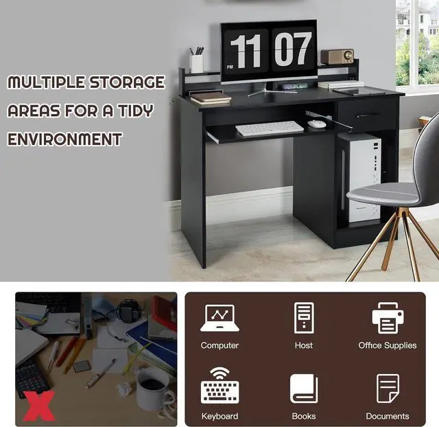 Alt view image 5 of 7 - COSTWAY Computer Desk with Hutch, Home Office Desk with Drawer, Adjustable Shelf & Keyboard Tray, Study Writing Desk, Executive Workstation for Living Room, Bedroom & Study (Black)