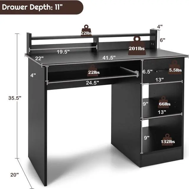 Alt view image 3 of 7 - COSTWAY Computer Desk with Hutch, Home Office Desk with Drawer, Adjustable Shelf & Keyboard Tray, Study Writing Desk, Executive Workstation for Living Room, Bedroom & Study (Black)