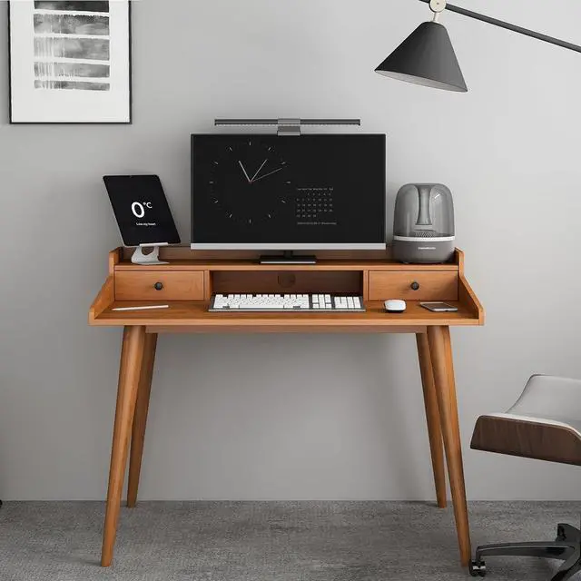 Alt view image 5 of 7 - Mid Century Modern Desk, 41" Wood Home Office Writing Computer or Laptop Desk with Monitor Stand Riser and Open Storage Cubby, Vanity Desk with 2 Drawers