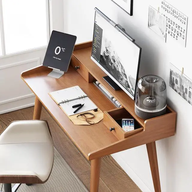Alt view image 3 of 7 - Mid Century Modern Desk, 41" Wood Home Office Writing Computer or Laptop Desk with Monitor Stand Riser and Open Storage Cubby, Vanity Desk with 2 Drawers