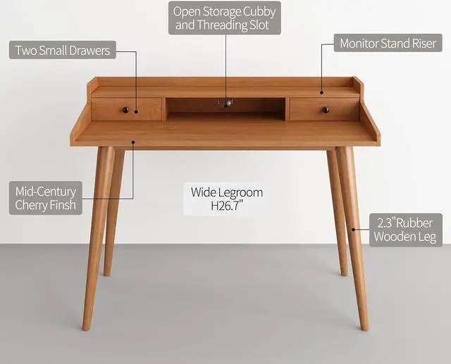 Alt view image 6 of 7 - Mid Century Modern Desk, 41" Wood Home Office Writing Computer or Laptop Desk with Monitor Stand Riser and Open Storage Cubby, Vanity Desk with 2 Drawers