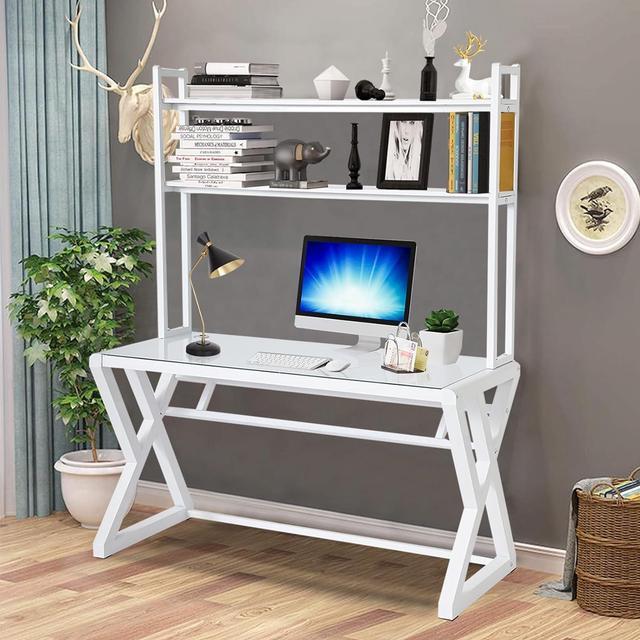 Heuss 55.1'' Computer Desk with Shelves, Tempered Glass Top Home Office Desks Ivy Bronx Color: White