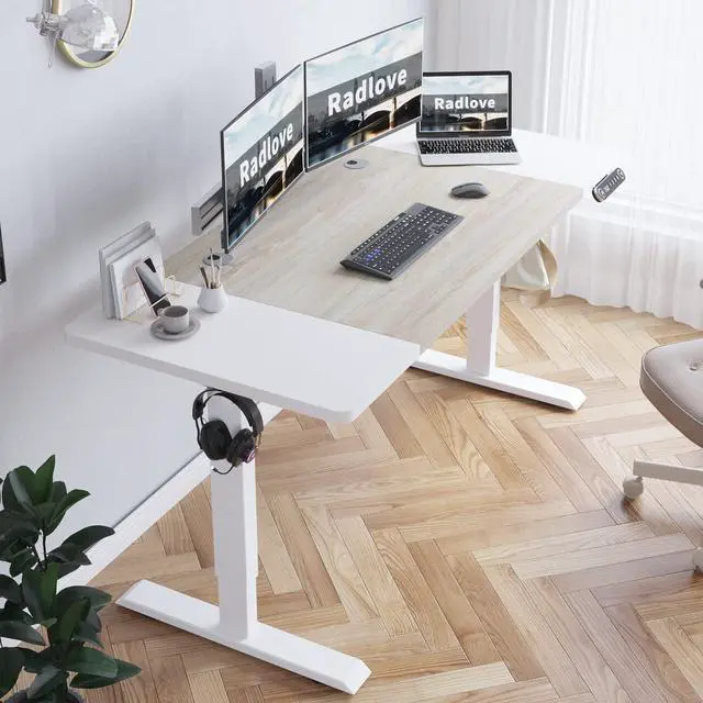 Alt view image 2 of 7 - Radlove Electric Height Adjustable Standing Desk, 63x 30 Inches Stand Up Desk Workstation, Splice Board Home Office Computer Standing Table Ergonomic Desk (White+ Oak, 63x30'')