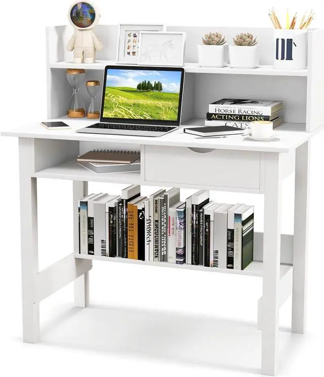 Main image of Tangkula White Desk with Hutch, Home Office Writing Study Desk with Storage Bookshelf & Drawer, Modern Makeup Vanity Desk for Bedroom, PC Laptop Desk Computer Desk for Working Studying