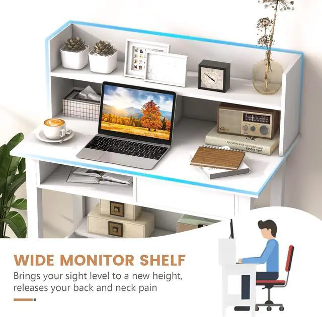 Alt view image 6 of 7 - Tangkula White Desk with Hutch, Home Office Writing Study Desk with Storage Bookshelf & Drawer, Modern Makeup Vanity Desk for Bedroom, PC Laptop Desk Computer Desk for Working Studying