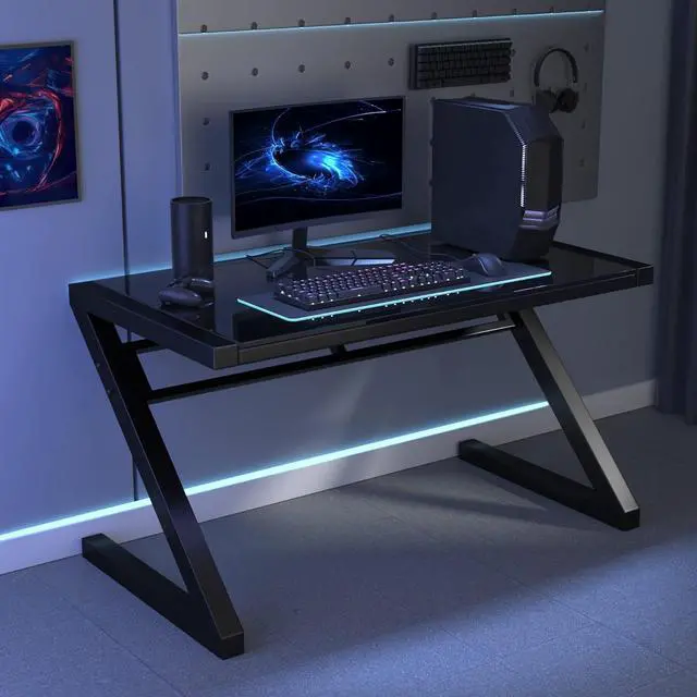 Alt view image 4 of 7 - MASAKA B&W Z Shaped 55" Gaming Desk, Computer Desk Table with Tempered Glass, Sturdy Writing Workstation for Home Office, Modern Black