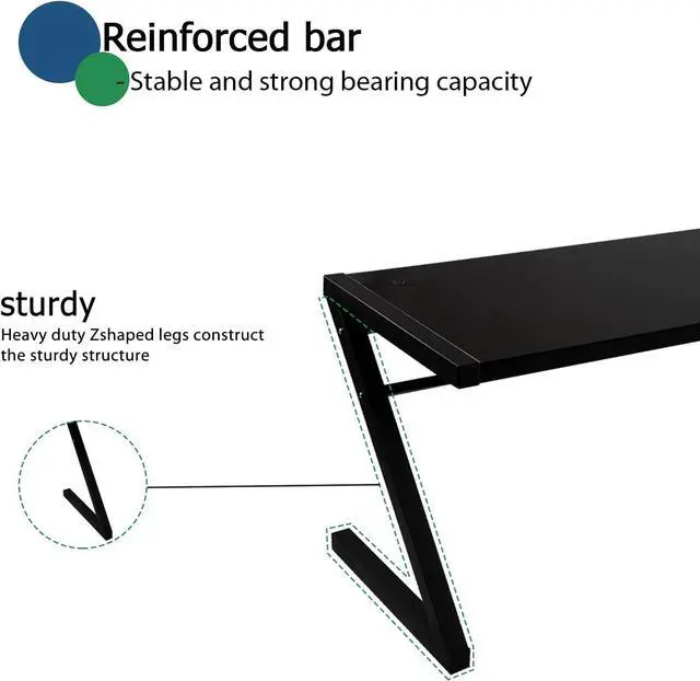 Alt view image 5 of 7 - MASAKA B&W Z Shaped 55" Gaming Desk, Computer Desk Table with Tempered Glass, Sturdy Writing Workstation for Home Office, Modern Black