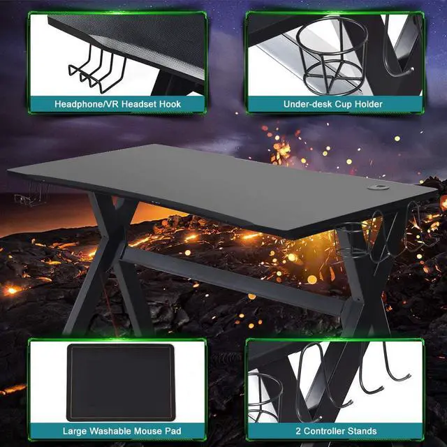 Alt view image 6 of 7 - Tangkula Computer Desk Gaming Desk, Ergonomic E-Sports Desk with Cup & Headphone Holder and Mouse Pad, Gamer Workstation with Carbon Fiber Surface and X-Shape Steel Frame, Home Office Desk (Black)